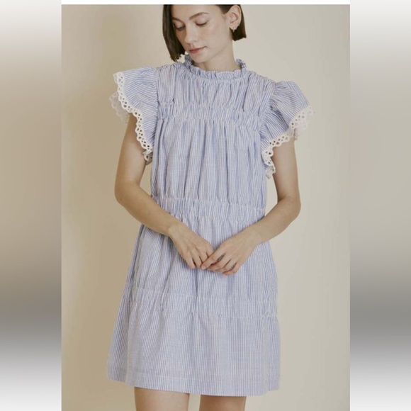 AUREUM Dresses & Skirts - AUREUM Pink White Striped Eyelet Sleeve Tiered Dress
